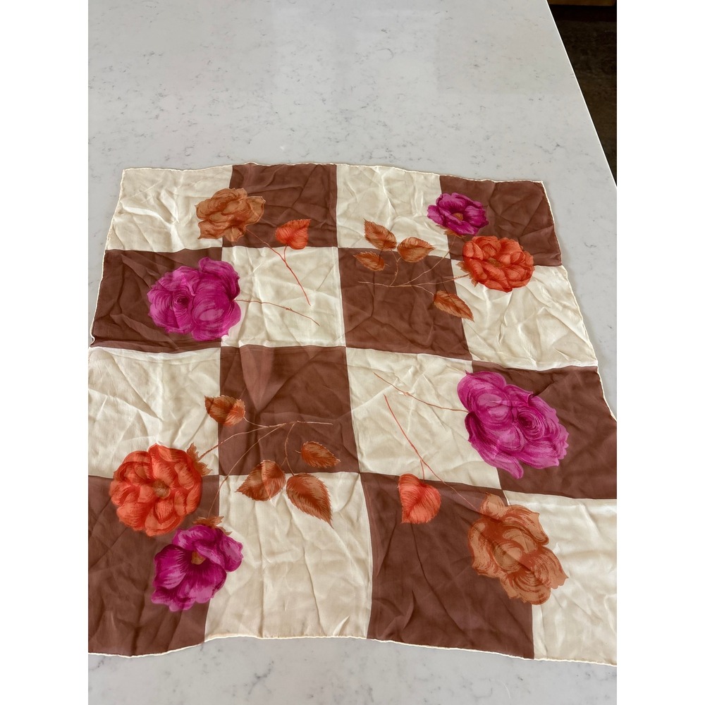 Vintage Glamour Sheer Scarf Japan Rayon Hand Rolled Floral Checkered Brown Pink